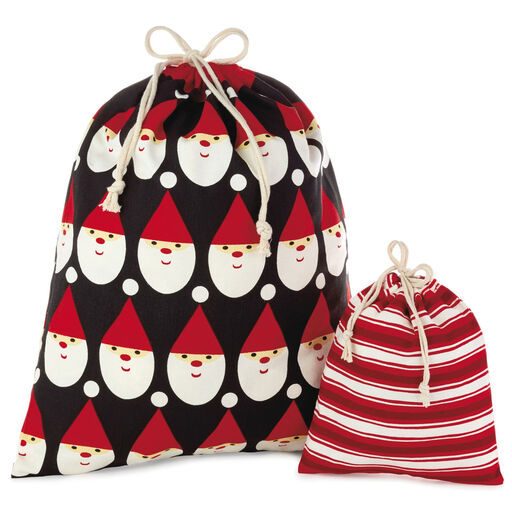 10" and 20" Santa and Stripes 2-Pack Fabric Christmas Gift Bags, 