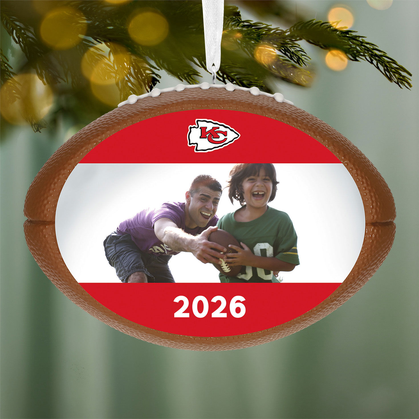 NFL Football Kansas City Chiefs Text and Photo Personalized Ornament hanging on tree image number 2