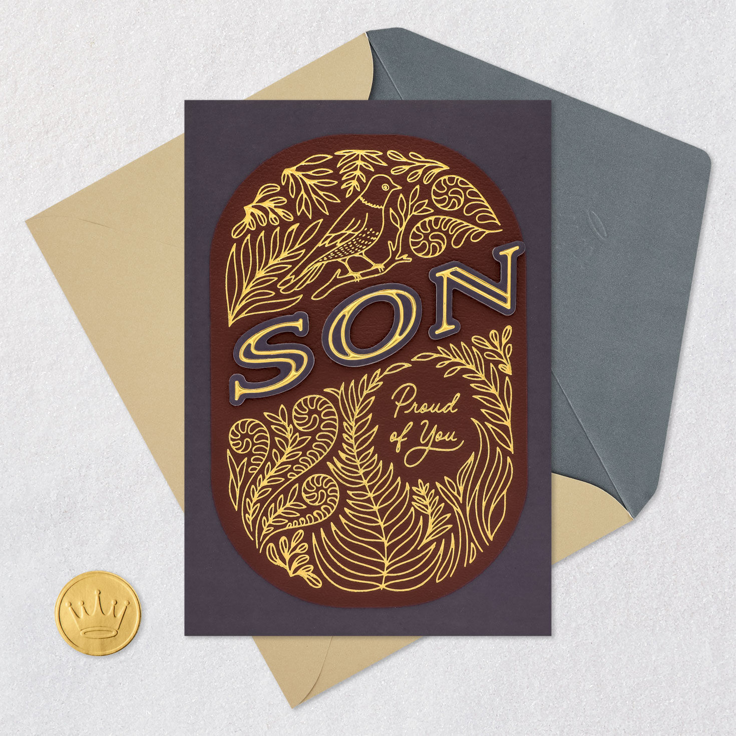 Faux Leather Bird and Greenery Son Birthday Card Card Front with Envelope and Gold Seal image number 5