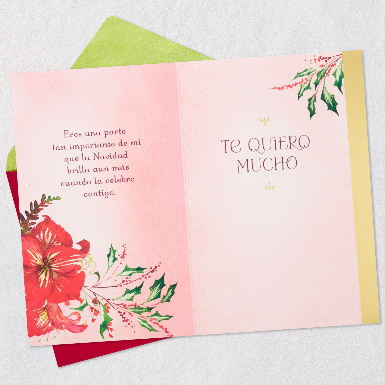 Red Floral Christmas Card in Spanish for Mom Open card with envelope image number 5