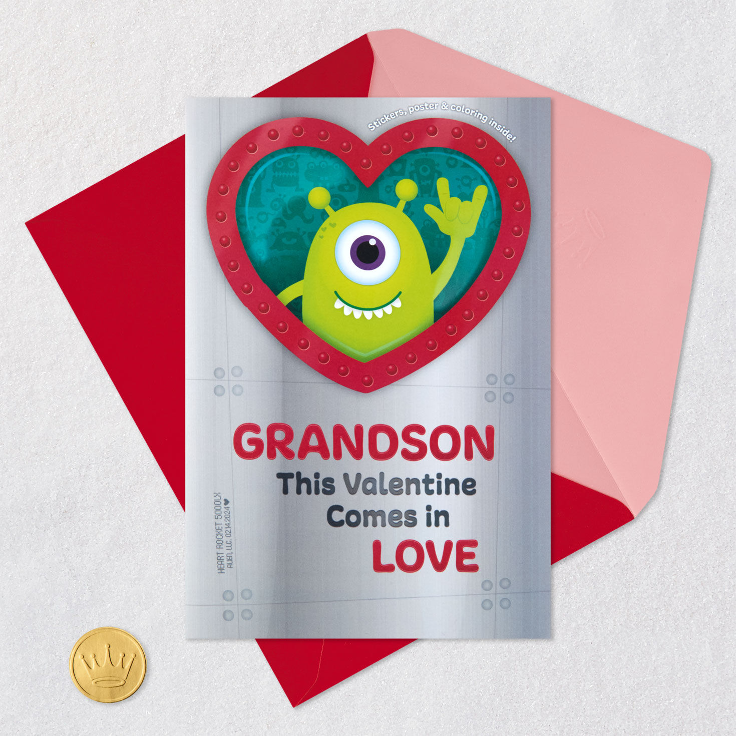 Grandson Valentine With Alien Stickers and Coloring Activity Card Front with Envelope and Gold Seal image number 9