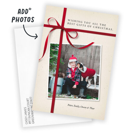 Red Ribbon Gift Flat Christmas Photo Card, 