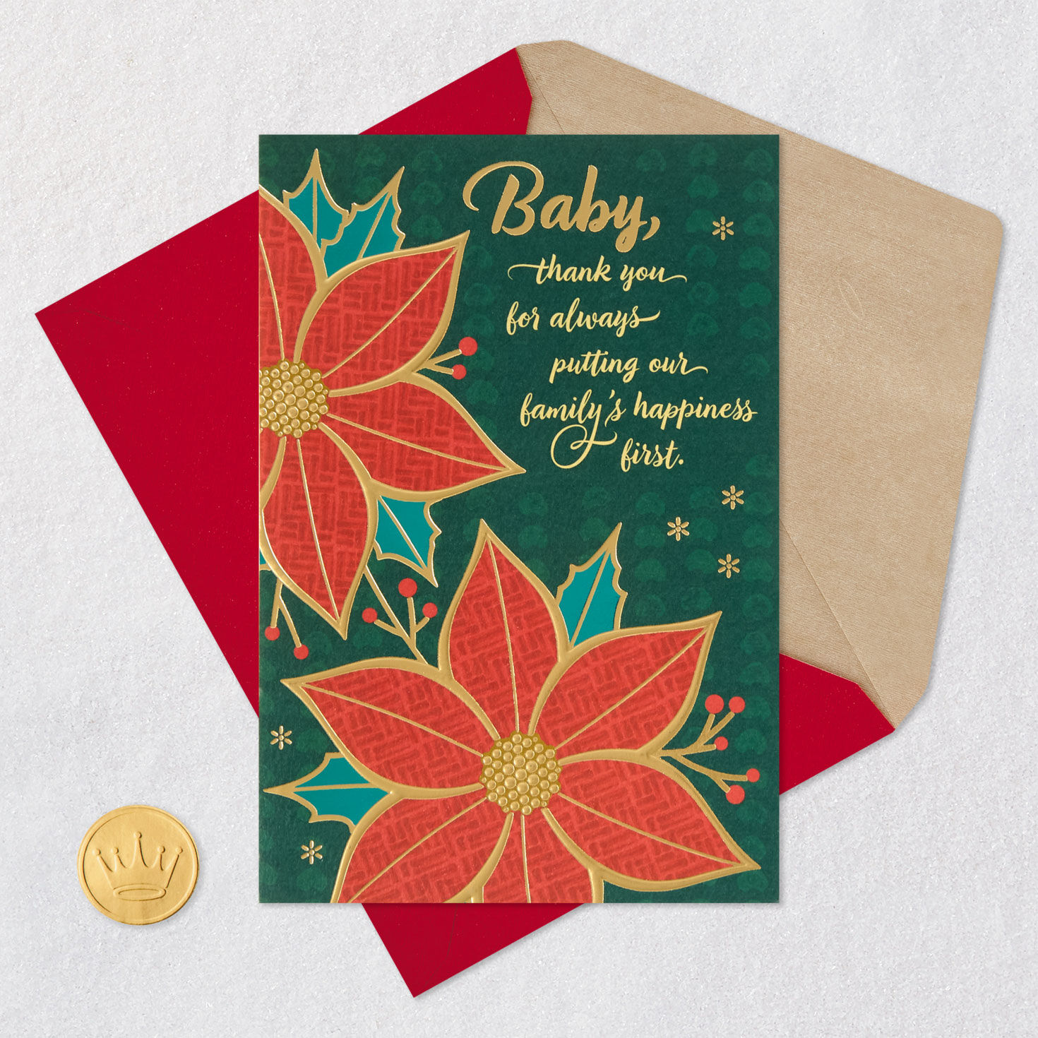 Elegant Poinsettia Love Christmas Card for Spouse Card Front with Envelope and Gold Seal image number 8