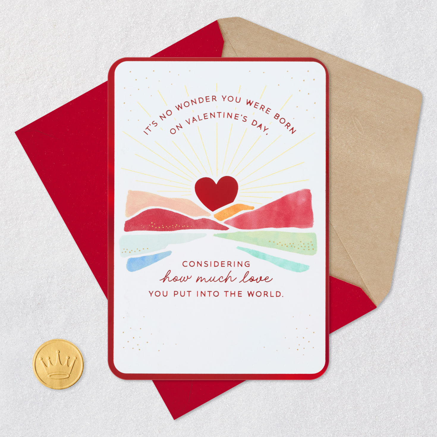 Red Heart Sunrise Valentine's Day Birthday Card Card Front with Envelope and Gold Seal image number 5