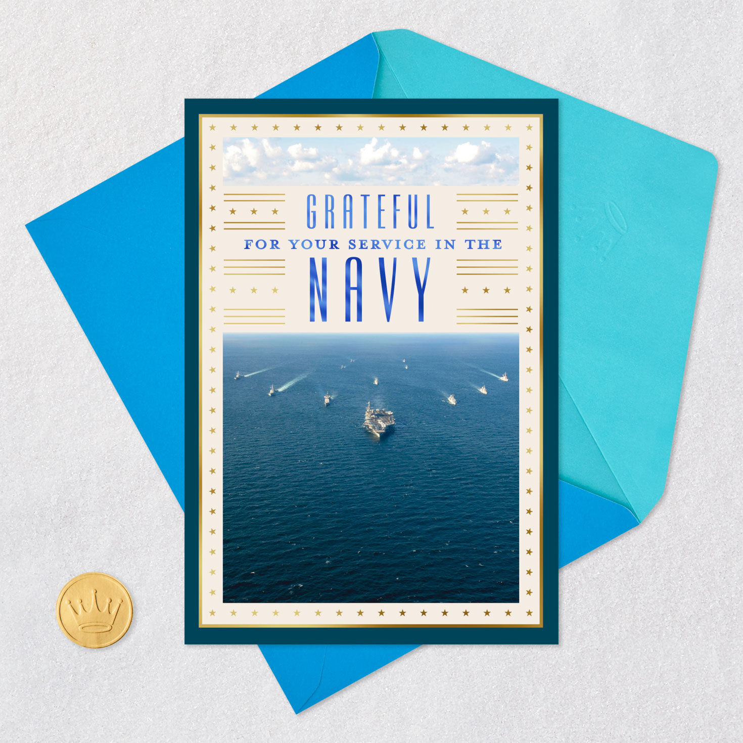 Ships at Sea U.S. Navy Veterans Day Card Card Front with Envelope and Gold Seal image number 5