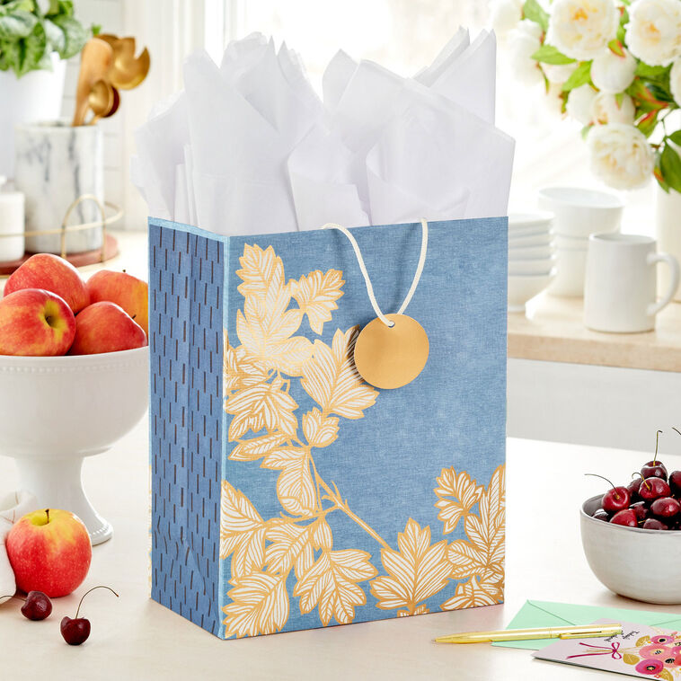 Gold Leaves on Light Blue Large Gift Bag In use image number 2