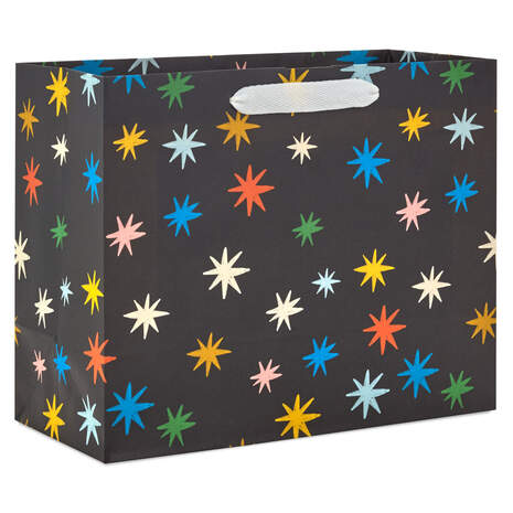 7.7" Colorful Stars on Black Medium Horizontal Gift Bag, , large
