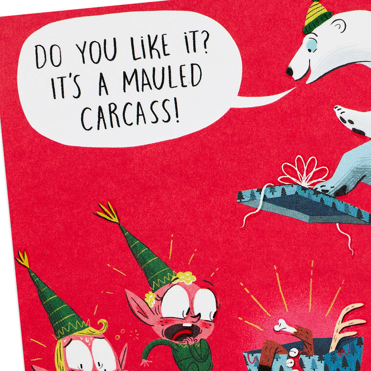 Sickened Elves with Polar Bear Funny Christmas Card Card Front Detail image number 4