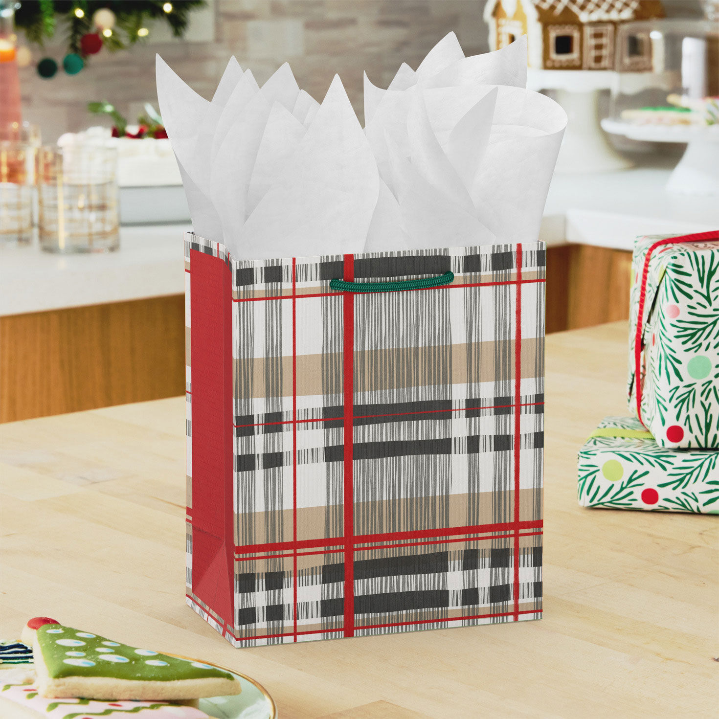 Khaki, Red and Gray Plaid Small Holiday Gift Bag in use image number 2