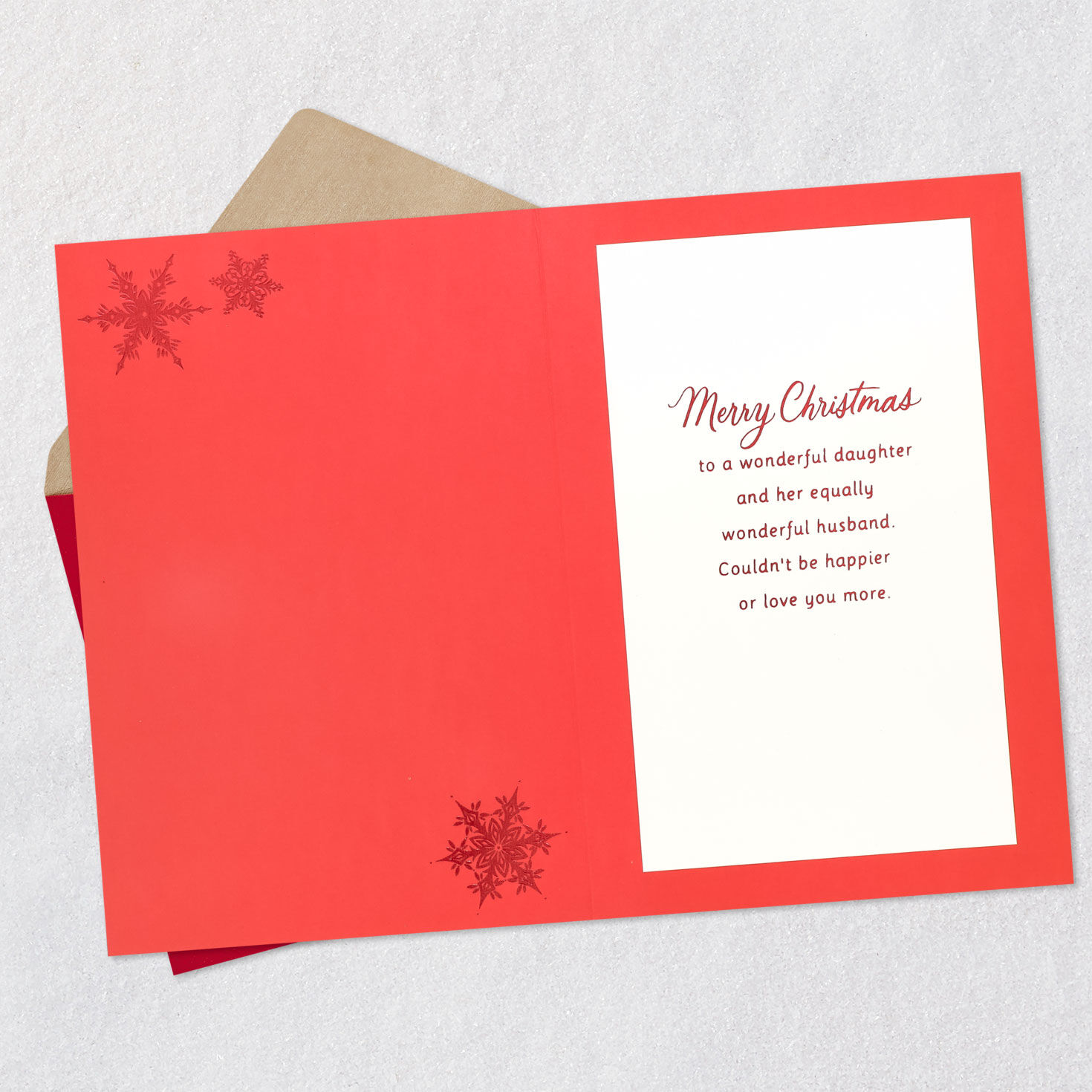 Snowflake on Red Christmas Card for Daughter and Son-in-Law Open card with envelope image number 3