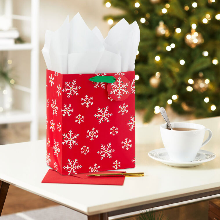 9.6" White Snowflakes on Red Medium Holiday Gift Bag With Tissue Paper, , large image number 2