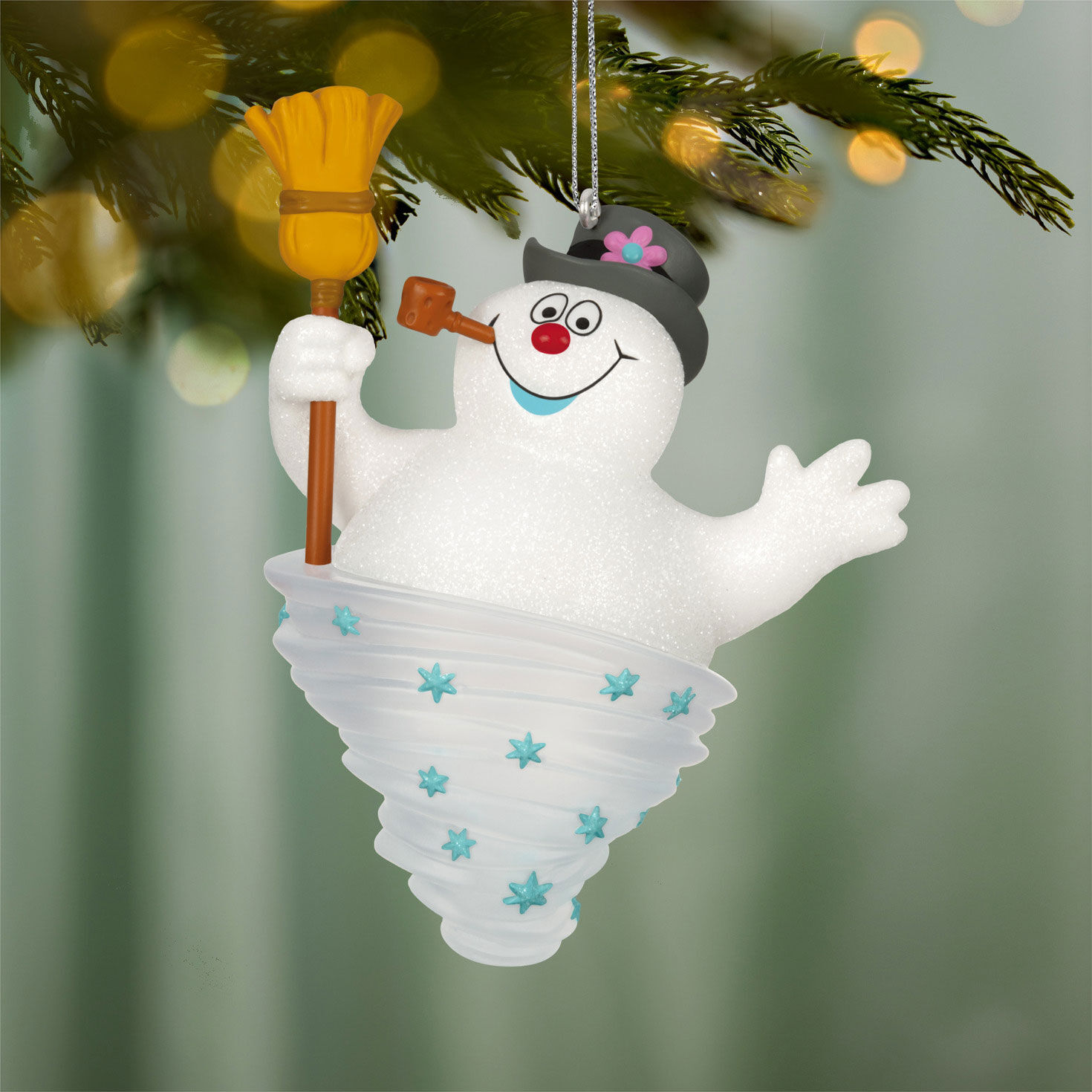 Frosty Snowman in Twirling Snow Keepsake Ornament hanging on tree image number 2