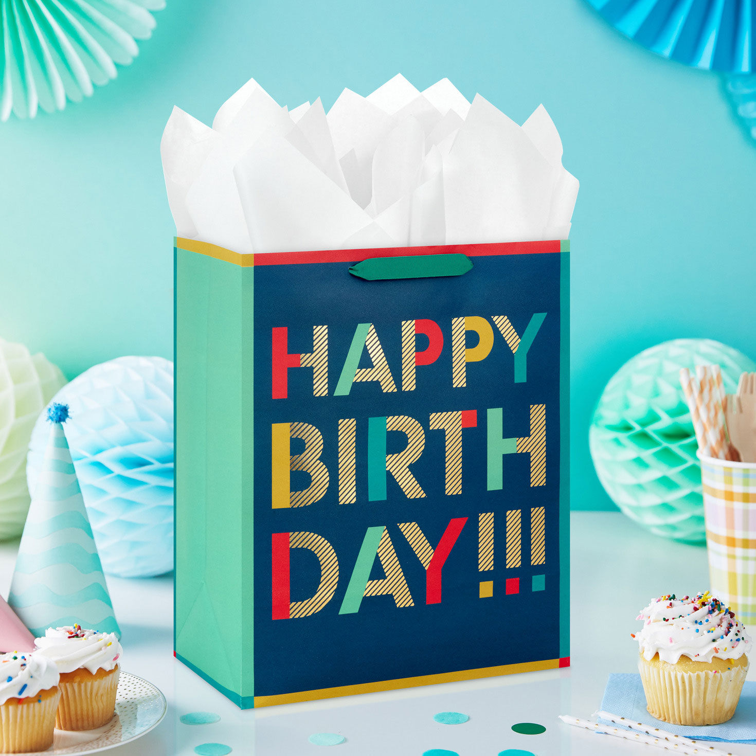 Bold Teal Wishes Large Birthday Gift Bag In use image number 2