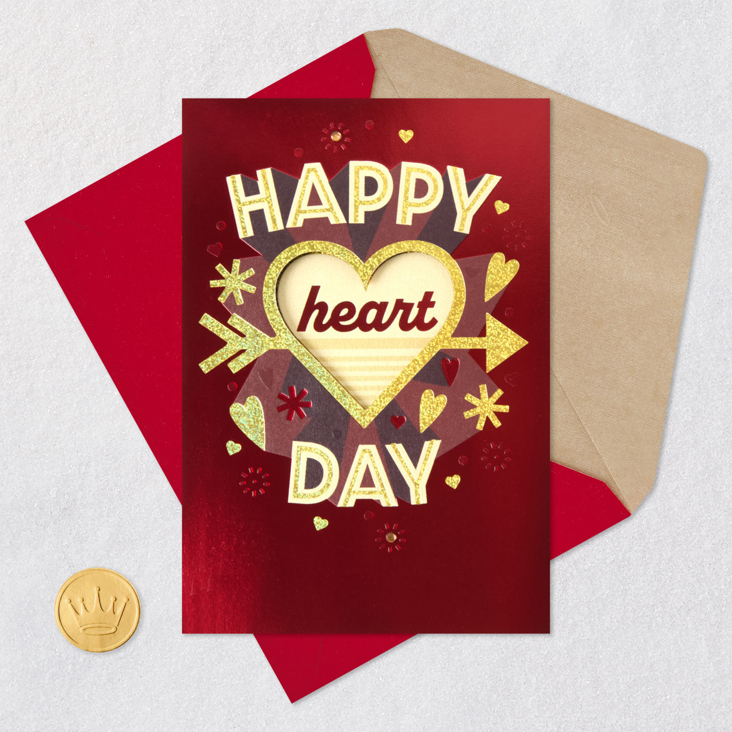 Red with Gold Glitter Heart Valentine's Day Card Card Front with Envelope and Gold Seal image number 6