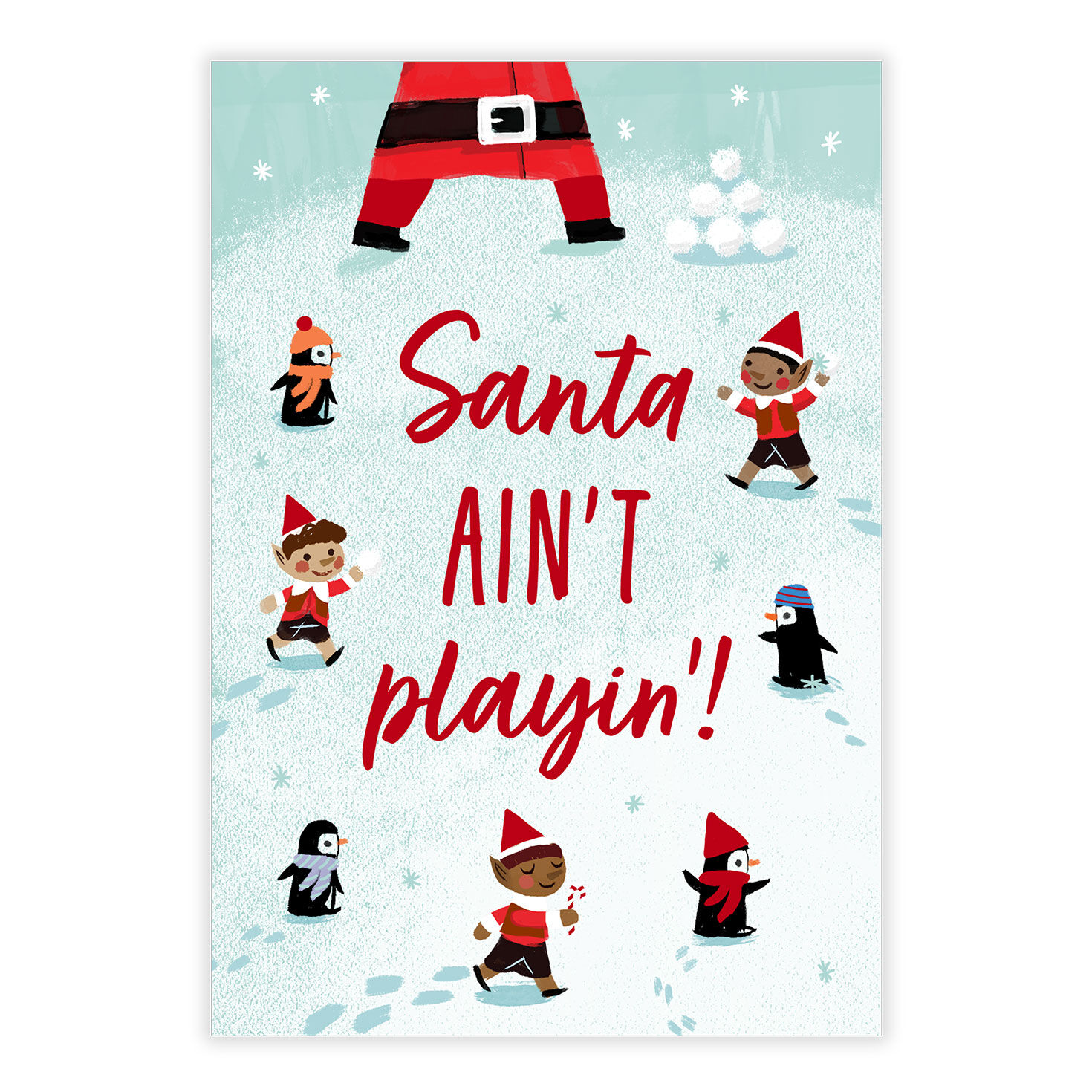 Elves Penguins in Snow Personalized Christmas Card front image number 2
