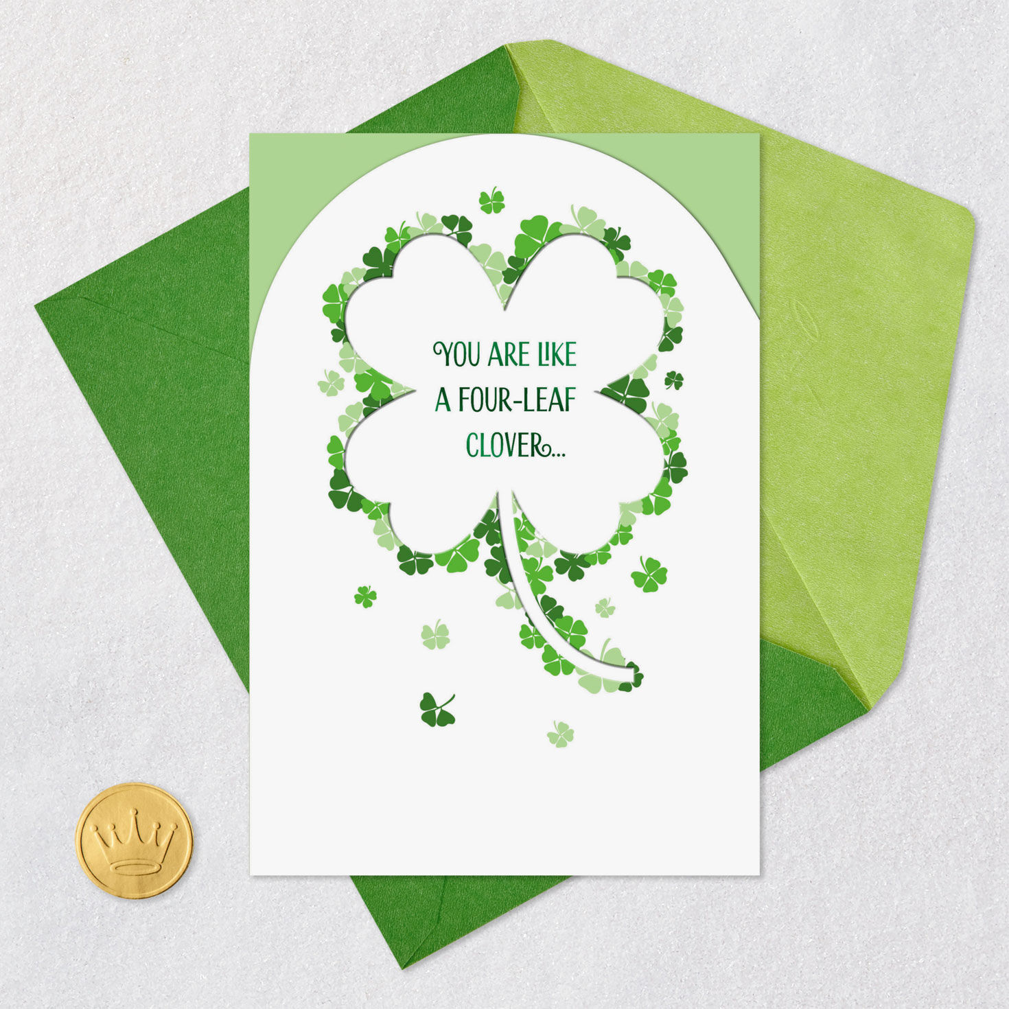 Shamrock of 4-Leaf Clovers St. Patrick's Day Card Card Front with Envelope and Gold Seal image number 5