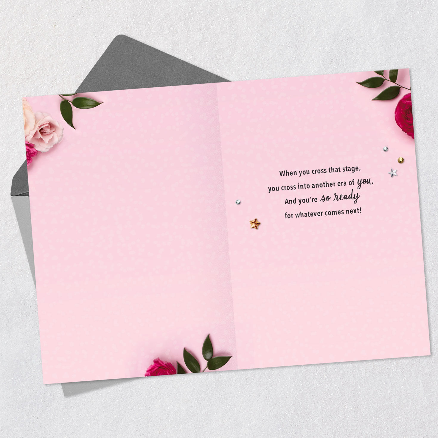 Decorated Cap and Flowers Graduation Card for Her Open card with envelope image number 3