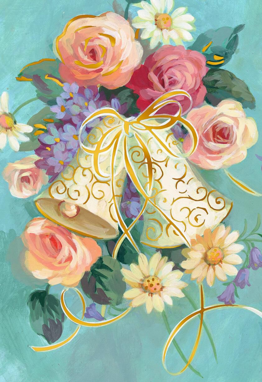 Vintage Bells and Flowers Blank Wedding Card