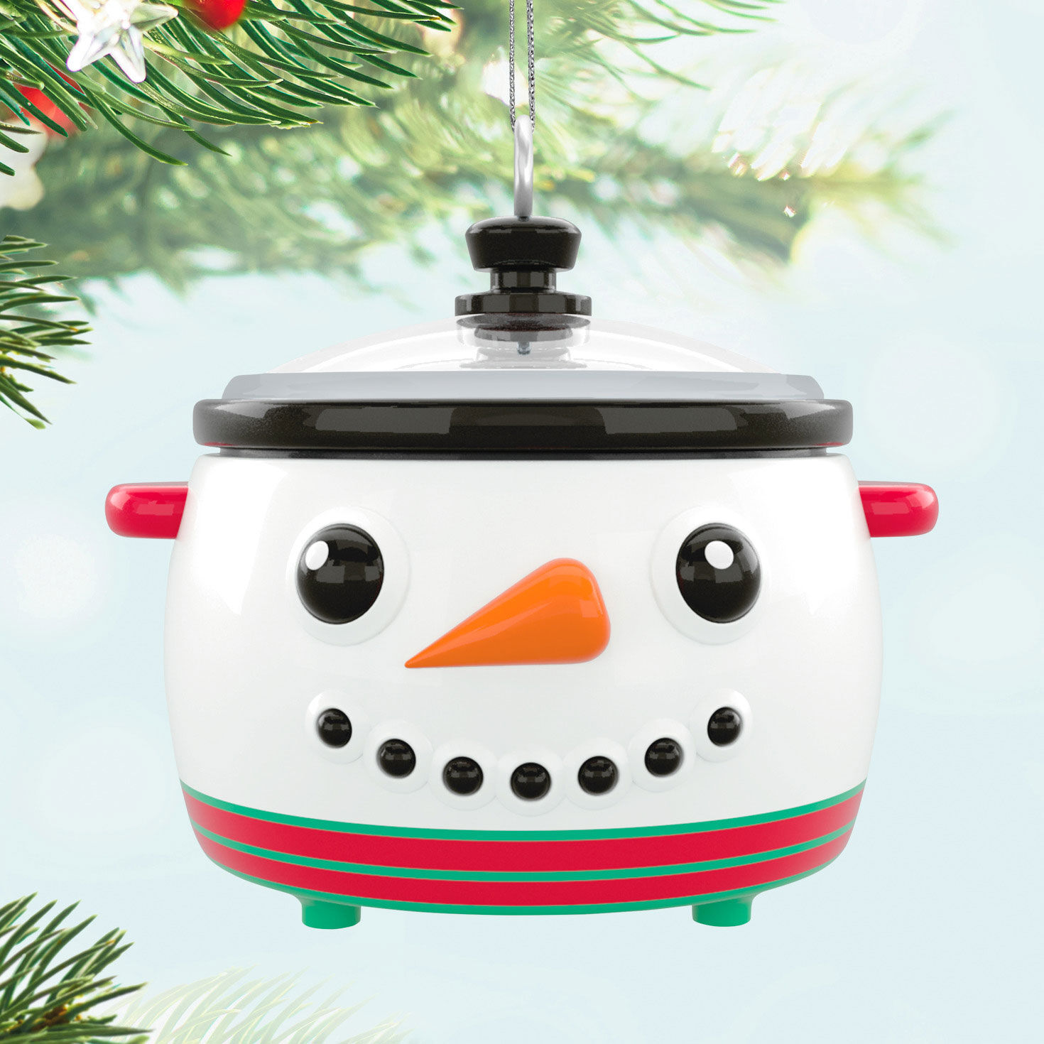 Snowman Crock Pot Keepsake Ornament Hanging on tree image number 2