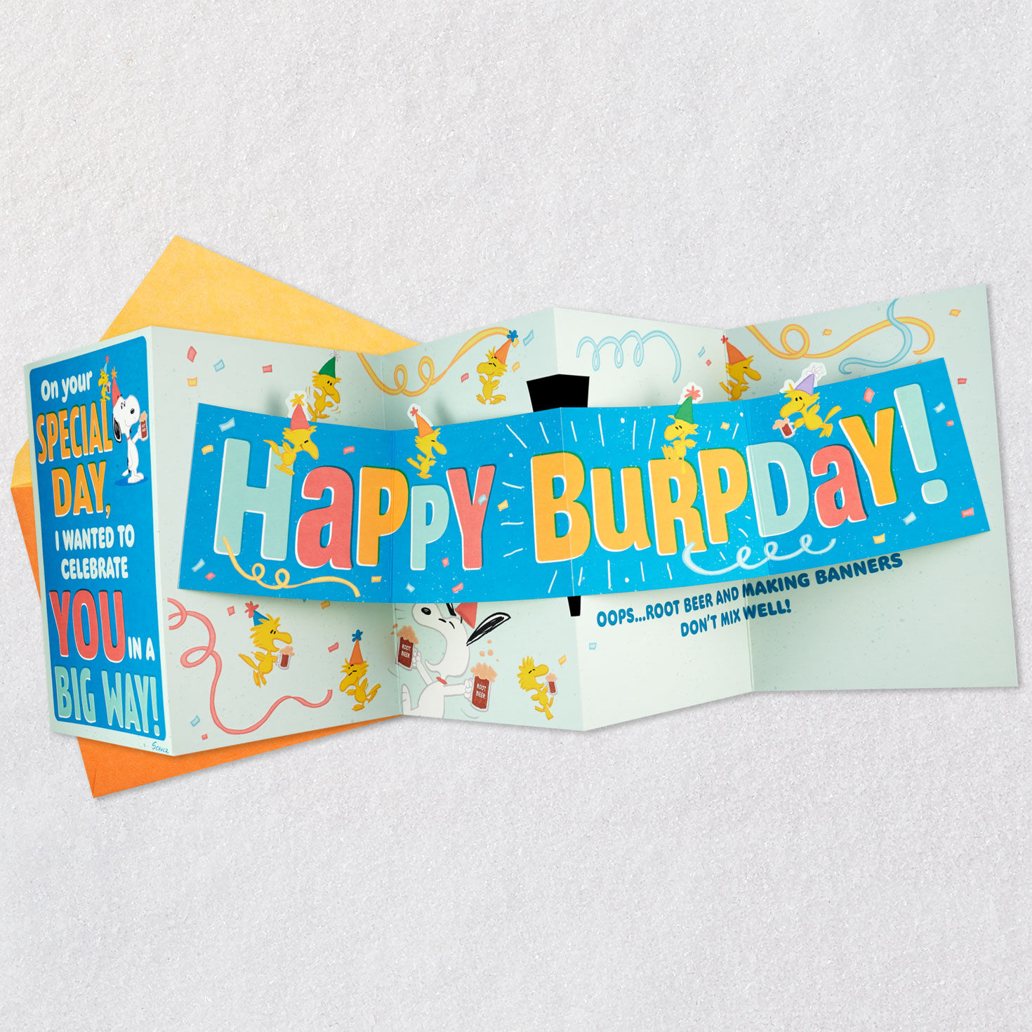 Snoopy and Woodstock Root Beer Burps Birthday Card Open card with envelope image number 3