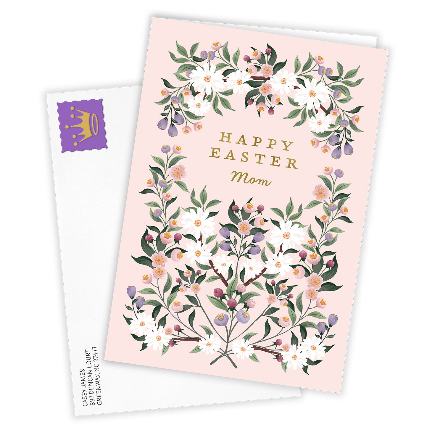 Soft Flowers on Pink Personalized Mom Easter Card Card Front with Envelope image number 2