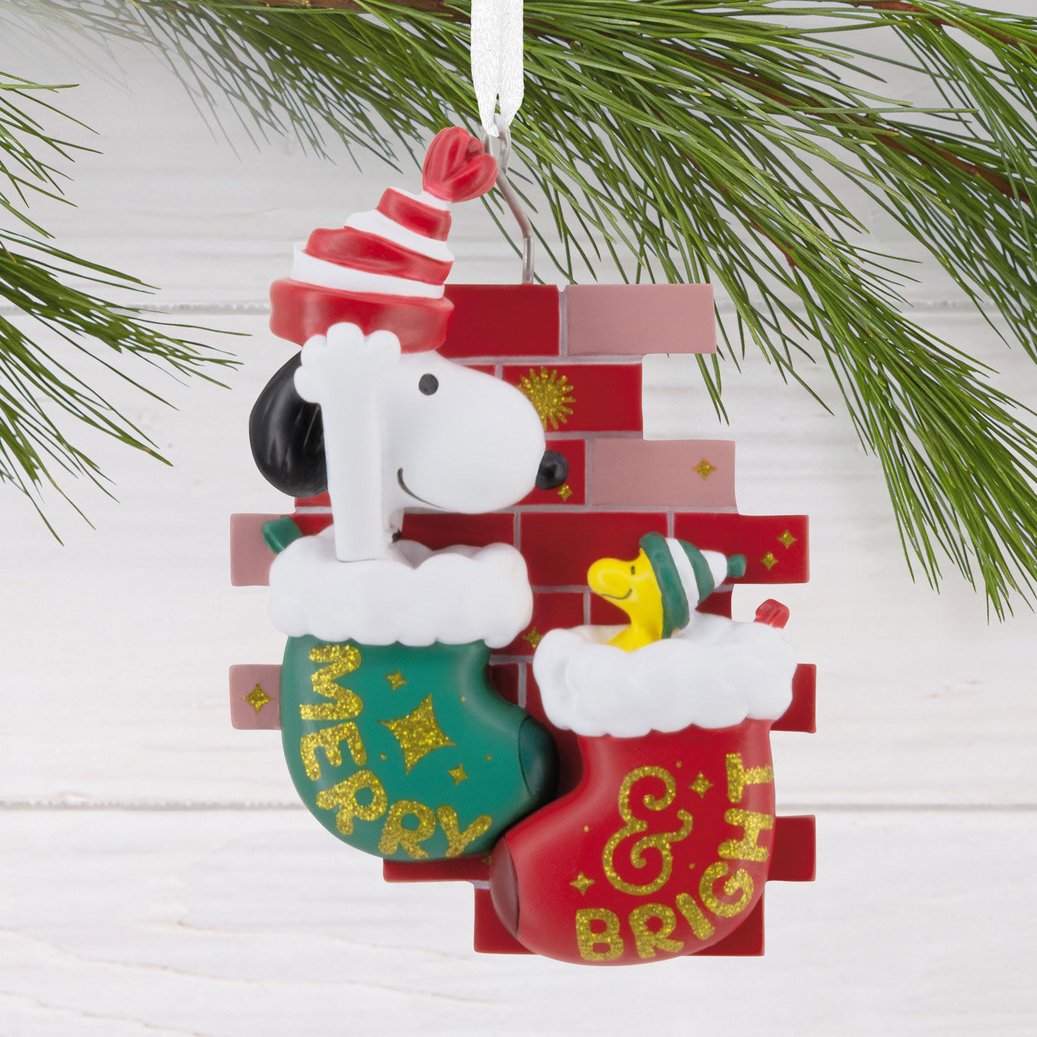 Peanuts Merry Bright Stockings Christmas Ornament hanging on tree image number 2