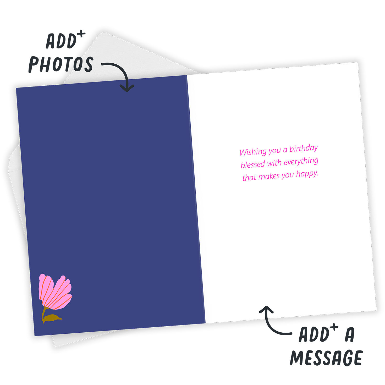 Modern Pink Flowers Personalized Birthday Card Open Card with Envelope indicating personalization image number 4