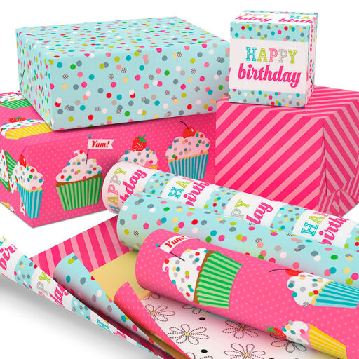Sweet Birthday 3-Pack Reversible Wrapping Paper, 75 sq. ft. total, 