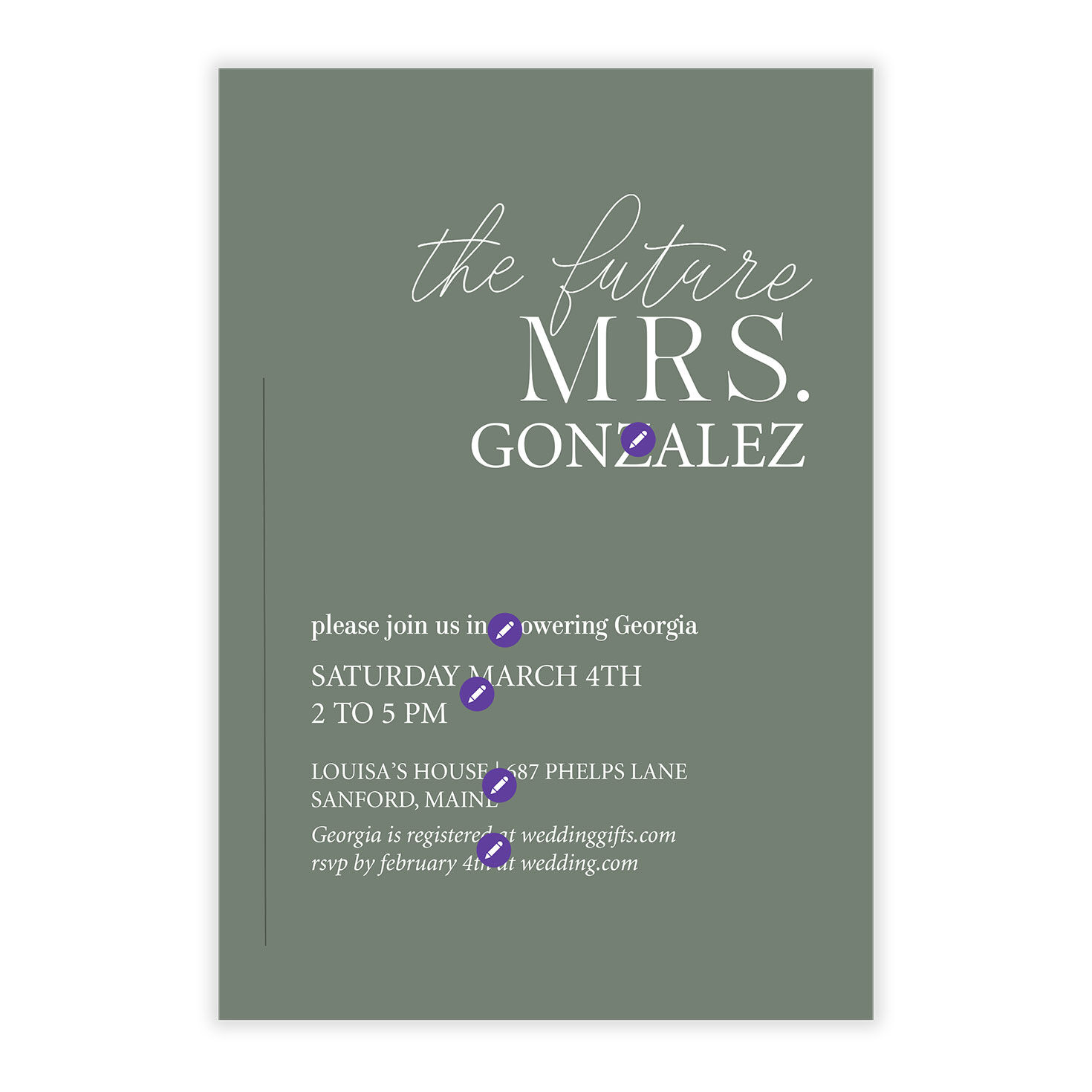 Future Mrs Green Personalized Shower Invitation Card Front indicating personalization image number 5