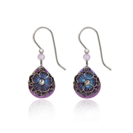 Silver Forest Purple Teardrop With Silver-Tone Filigree Flower Layered Drop Earrings, 