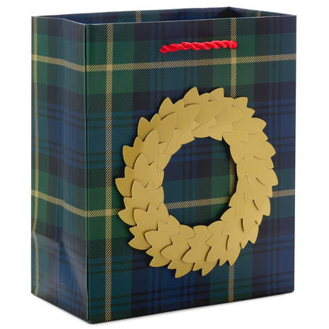6.5" Gold Wreath on Green Plaid Small Christmas Gift Bag, , large