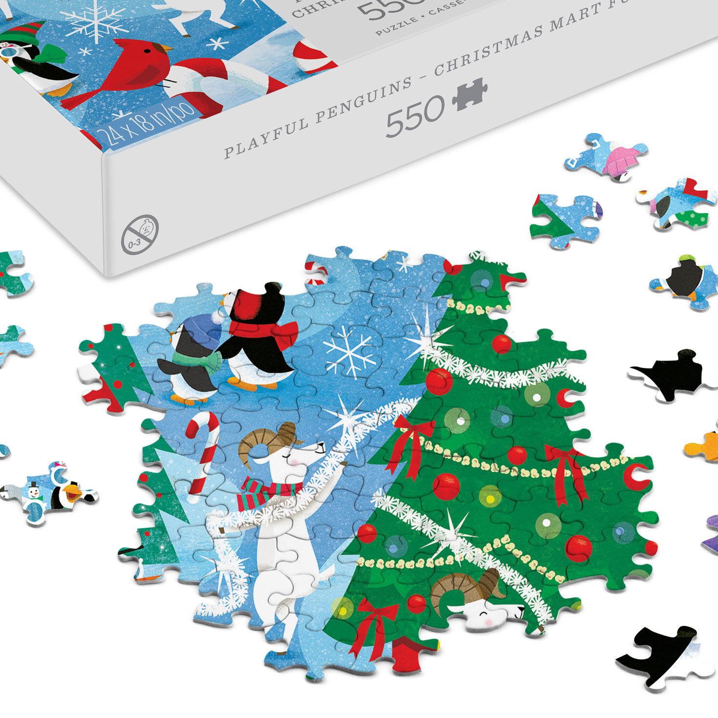 Penguins in Wooded Christmas Market 550-Piece Puzzle upclose detail image number 3