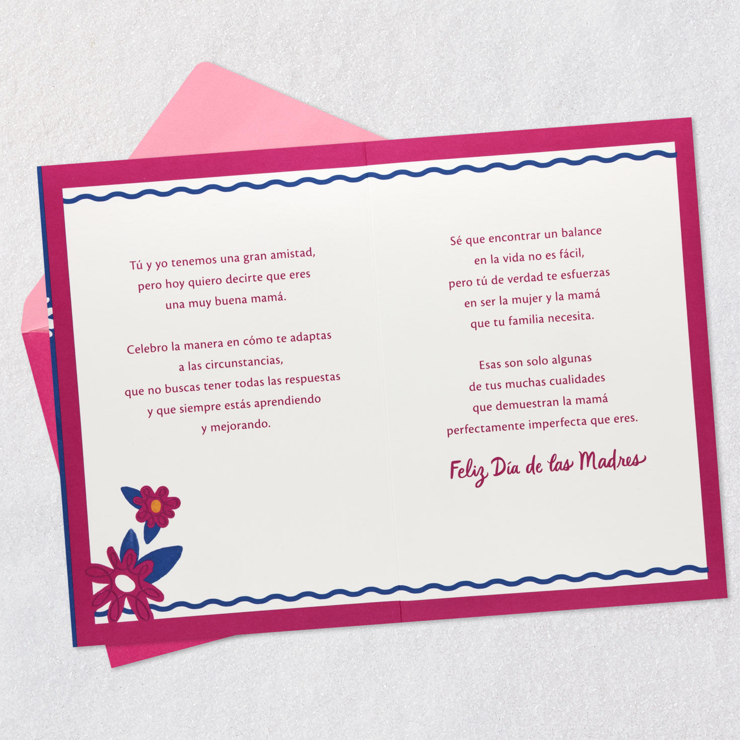 Bright Flowers on Blue Friend Mother's Day Card in Spanish Open card with envelope image number 4