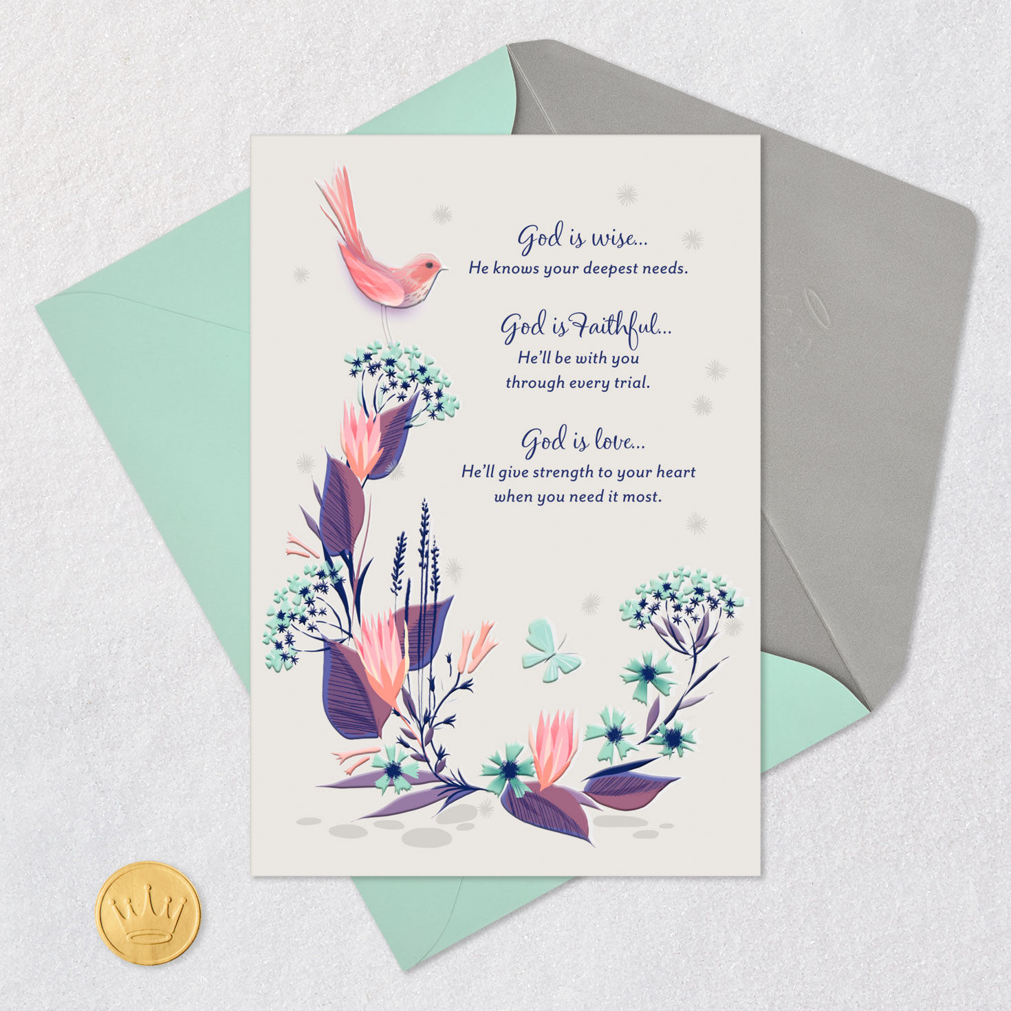 Sweet Bird and Flowers Christian Get Well Card Card Front with Envelope and Gold Seal image number 5