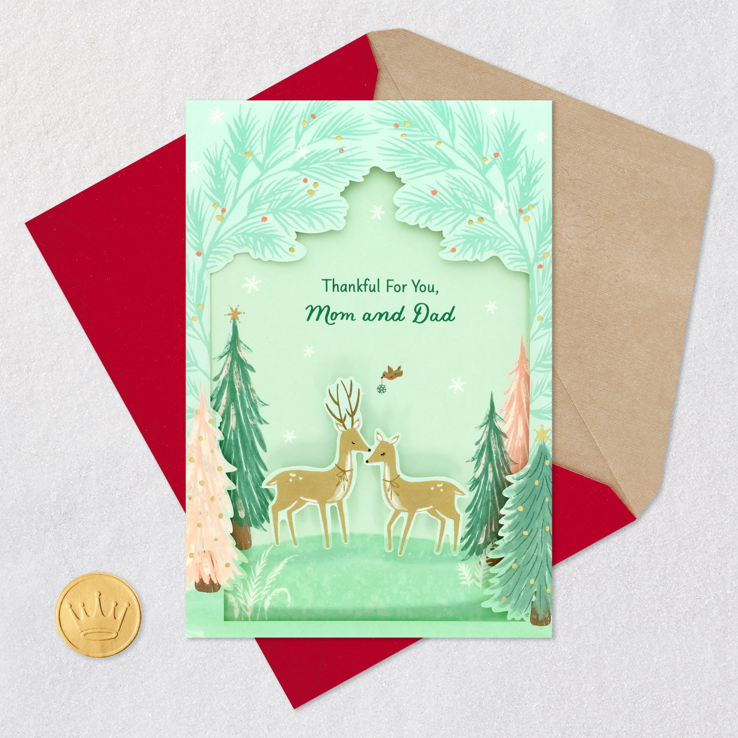 Winter Deer Mom and Dad Religious Christmas Card Card Front with Envelope and Gold Seal image number 5