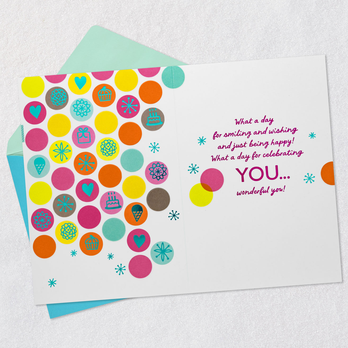 Colorful Dots and B-day Icons Niece Birthday Card Open card with envelope image number 3