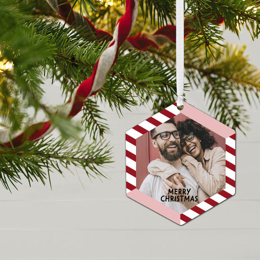 Candy Cane Stripes Personalized Text and Photo Metal Ornament, 