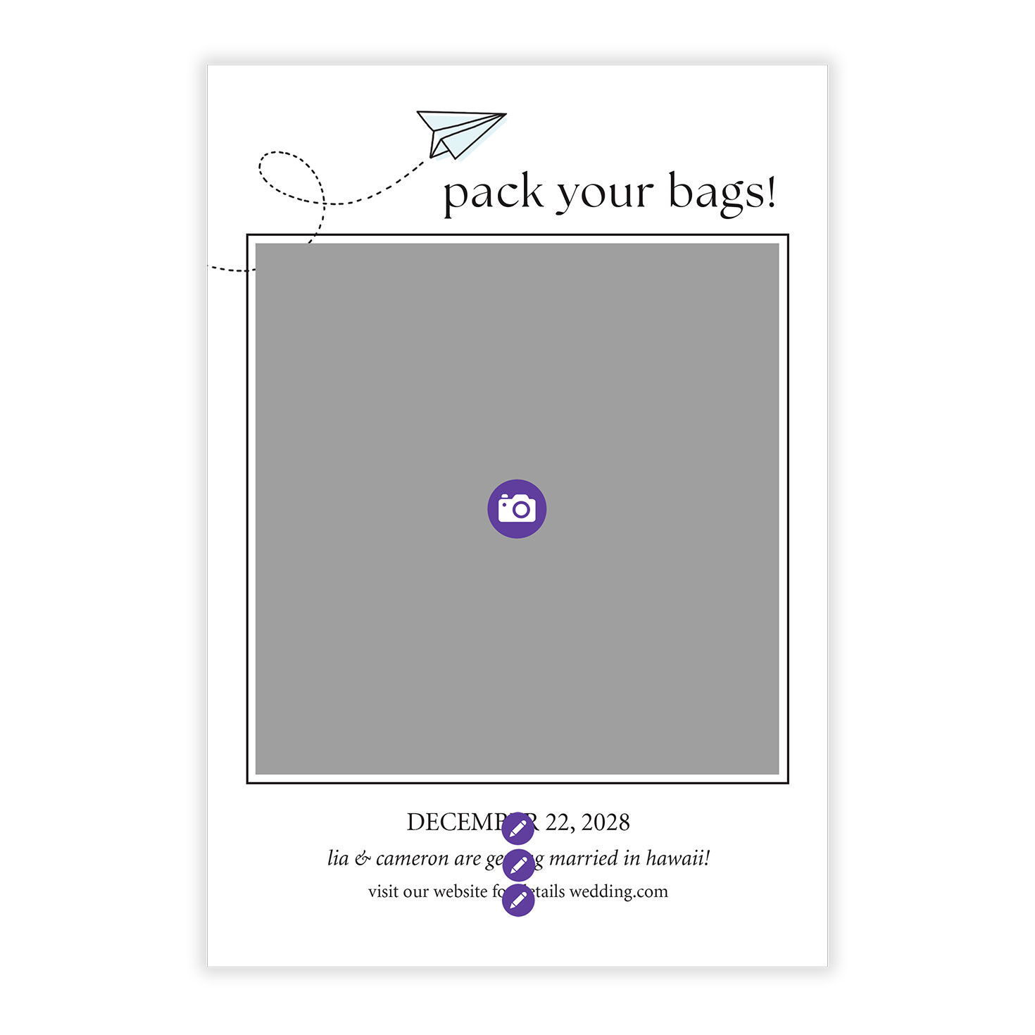Pack Your Bags Personalized Save the Date Card Card Front indicating personalization image number 5