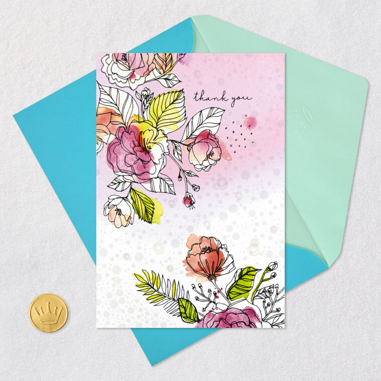 Watercolor Flowers and Sequins Blank Thank You Card  image number 4