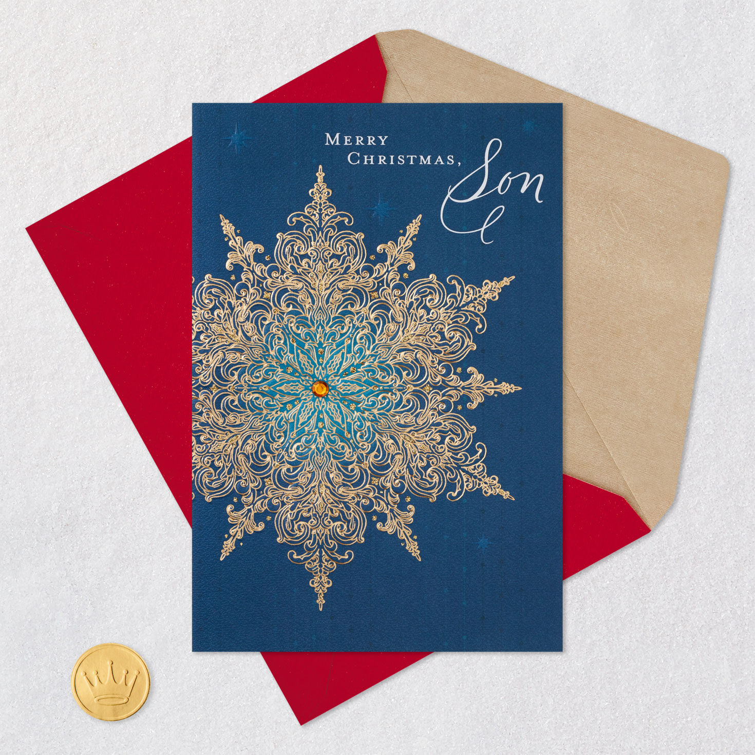 Elegant Gold Snowflake Christmas Card for Son Card Front with Envelope and Gold Seal image number 6
