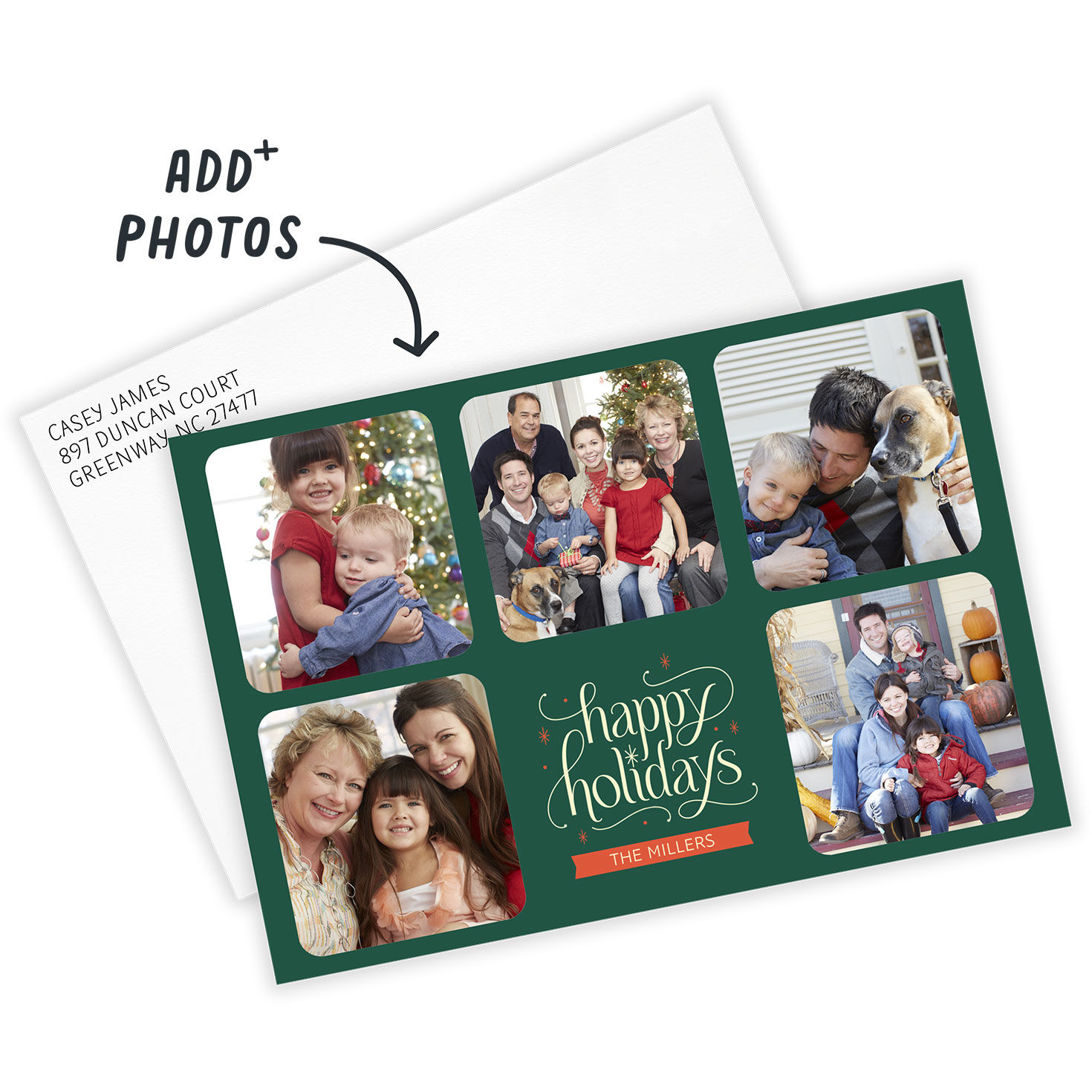 Green Photo Grid Personalized Holiday Photo Card Card Front indicating personalization image number 2