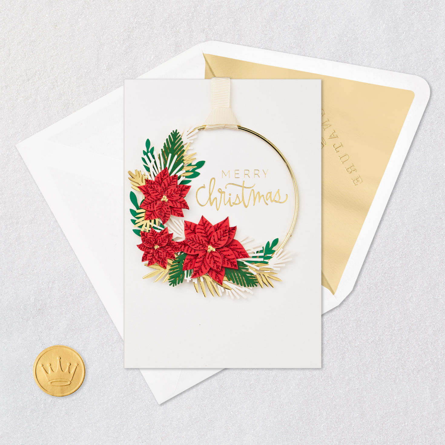 Merry Christmas Poinsettias Christmas Card With Hoop Wreath Card Front with Envelope and Gold Seal image number 6
