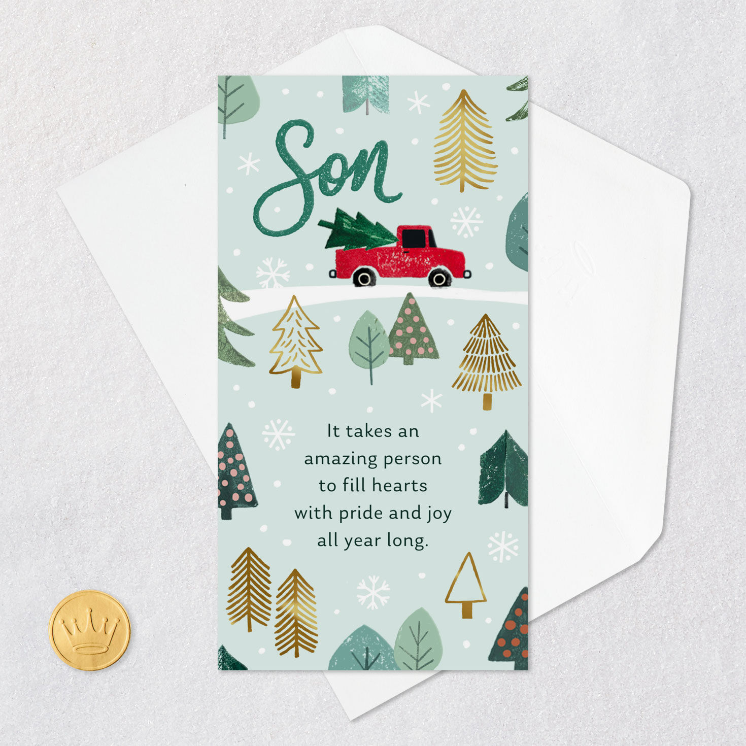 Red Truck with Trees Son Christmas Gift Card Holder Card Front with Envelope and Gold Seal image number 6