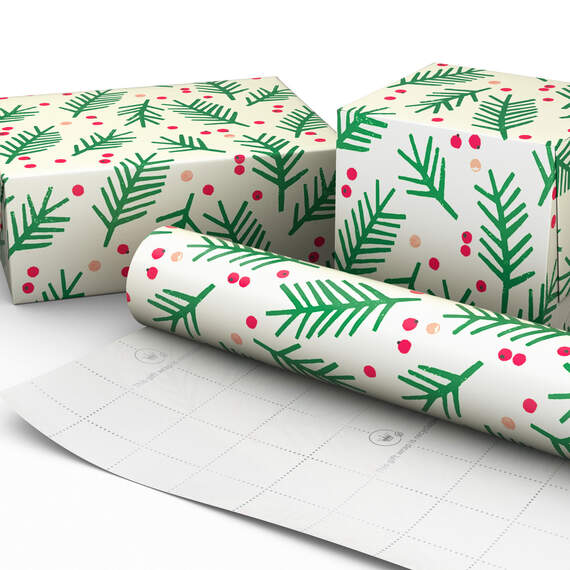 Illustrated Pine Branches and Berries Jumbo Christmas Wrapping Paper, 90 sq. ft., , large image number 2