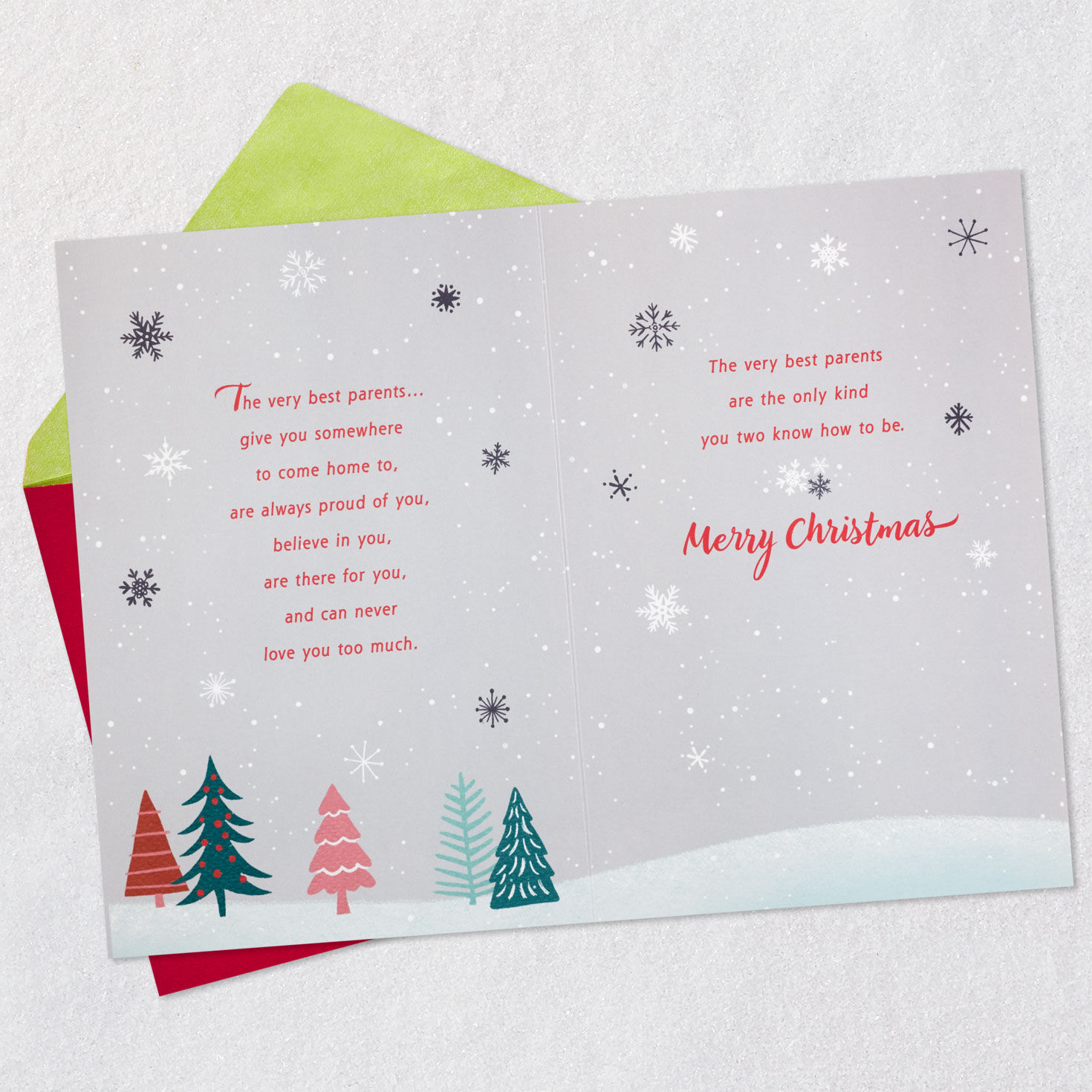 Deer and Cabin in Snowy Forest Parents Christmas Card Open card with envelope image number 4