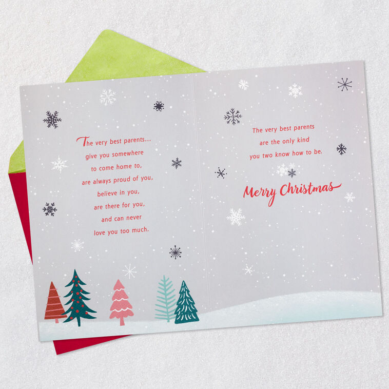 Deer and Cabin in Snowy Forest Parents Christmas Card Open card with envelope image number 4