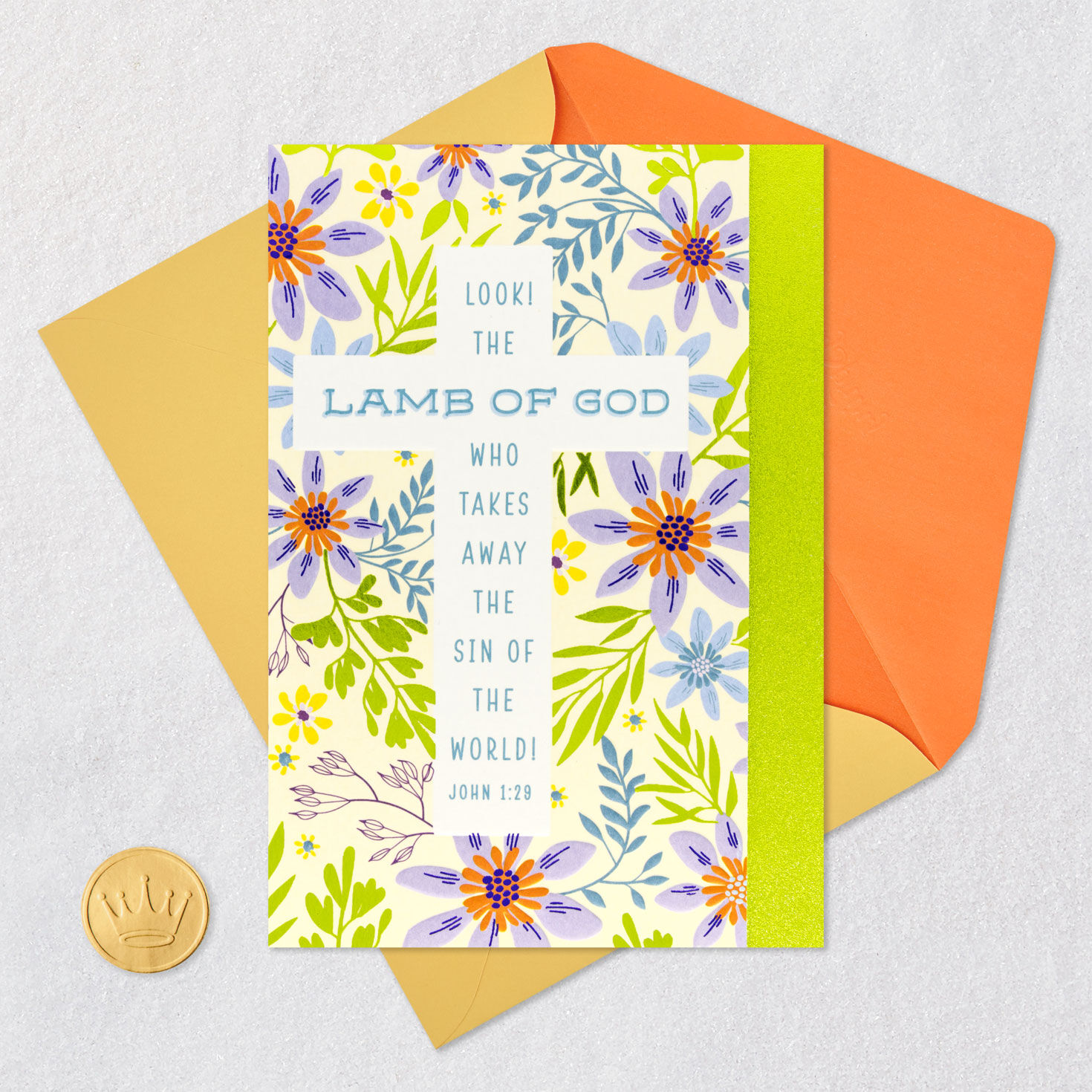 Floral Cross on Ivory Religious Easter Card Card Front with Envelope and Gold Seal image number 5