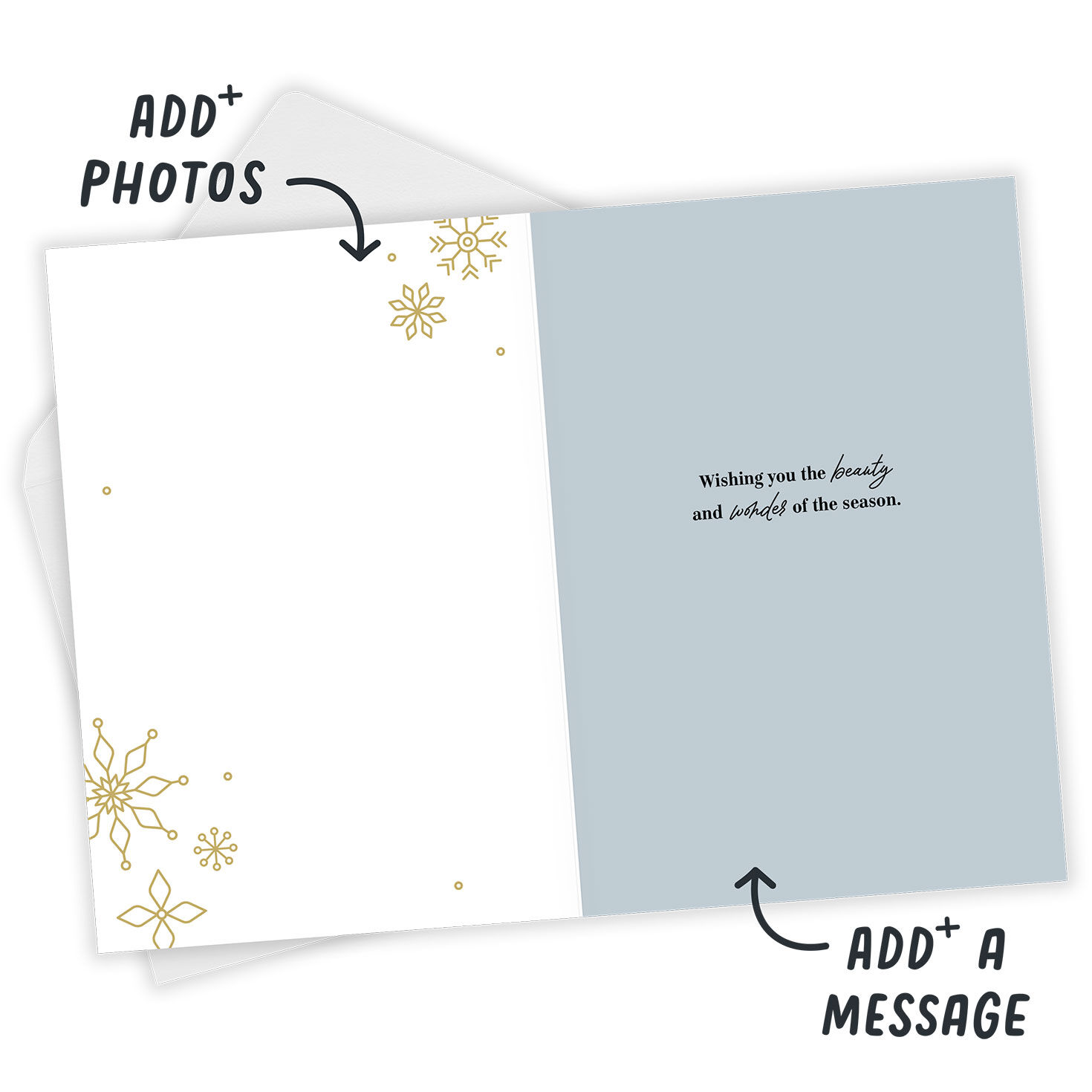 Gold Snowflakes Personalized Holiday Photo Card Open Card with Envelope indicating personalization image number 4