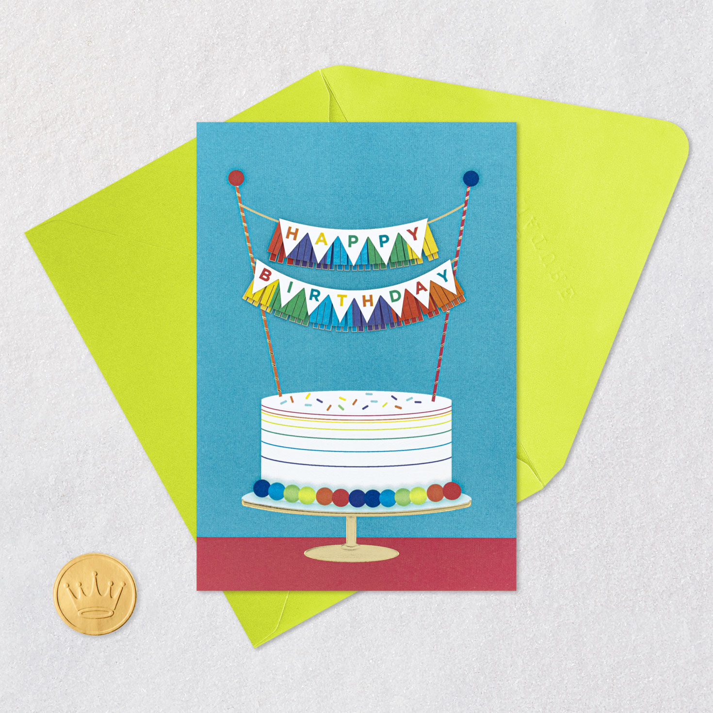Rainbow Banner on Cake Birthday Card Card Front with Envelope and Gold Seal image number 5