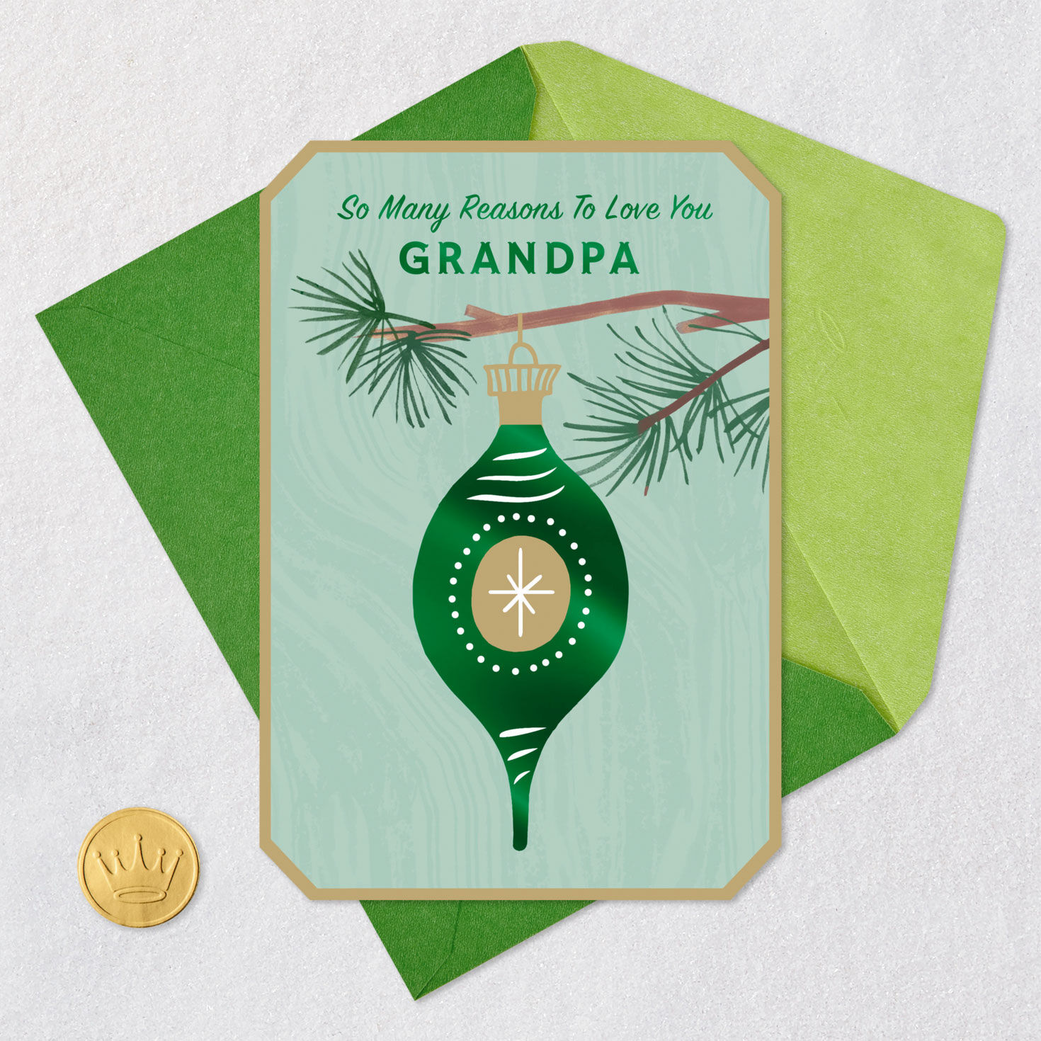 Green Holiday Ornament Grandpa Christmas Card Card Front with Envelope and Gold Seal image number 6